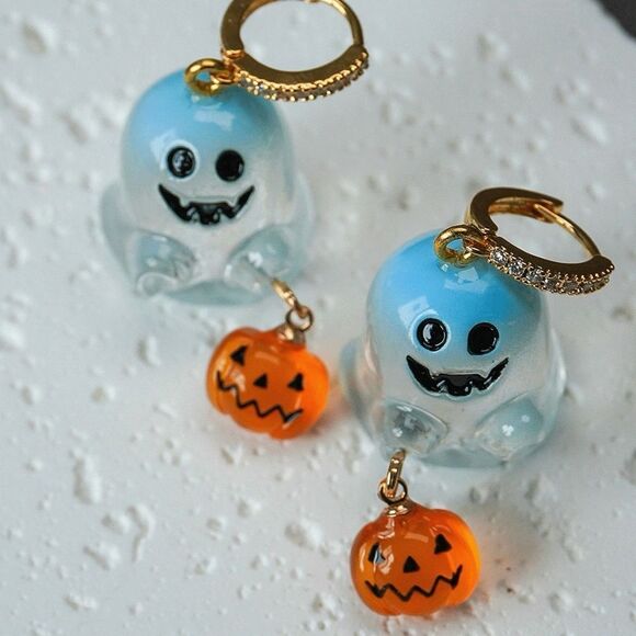 Ghost Pumpkin Earrings With Zirconia Circle Halloween trick or treat - Picture 5 of 13